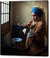 Girl With A Pearl Earring Blowing Bubbles Canvas Print