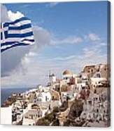 Greek National Flag Waving Over Oia - Santorini - Gr Canvas Print