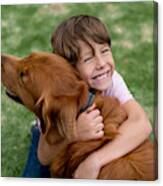 Happy Boy With A Beautiful Dog Canvas Print