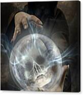 Hooded Man Wearing Dark Cloak Holding Glowing Crystall Ball With Human Skull Image Inside Canvas Print
