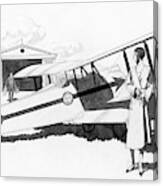Illustration Of A Woman Standing Next To A Biplane Canvas Print