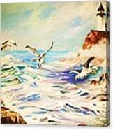 Lighthouse Gulls And Waves Canvas Print