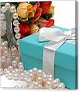 Little Blue Gift Box With Pearls And Flowers Canvas Print