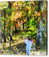 Little Girl Walking In Autumn Woods Canvas Print