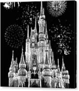 Magic Kingdom Castle In Black And White With Fireworks Walt Disney World Canvas Print