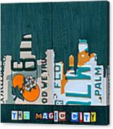 Miami Florida City Skyline Vintage License Plate Art On Wood Canvas Print