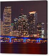 Miami Skyline At Night Panorama Color Canvas Print