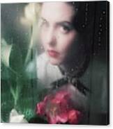 Model With Flowers Behind Wet Window Canvas Print