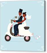 Newlywed Bride And Groom On A Scooter Canvas Print