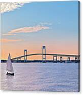 Newport Bridge Twilight Sunset With Sailboat Rhode Island Usa Canvas Print