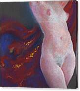 Nude Female Torso In Bright Light From Front With Radiant Red Cloth Flowing Behind With Gold Sparkle Canvas Print