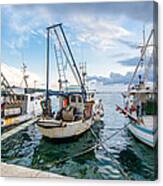 Old Fishing Boats In Evening Harbor Canvas Print