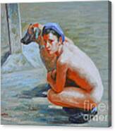 Original Impression Oil Painting Gay Man Body Art- Male Nude And Dog-020 Canvas Print