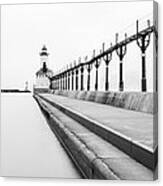 Panorama Of Michigan City Lighthouse Black And White Photo Canvas Print