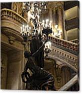 Paris Opera House Grand Staircase And Chandeliers - Paris Opera Garnier Statues And Architecture Canvas Print