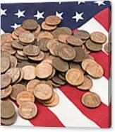 Pile Of Pennies On American Flag Canvas Print