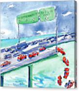 Red Cars Drop Off A Bridge Under A Sign That Says Canvas Print