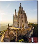 Sagrat Cor Temple At Tibidabo Mountain During Sunset, Barcelona, Catalonia, Spain Canvas Print