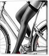 Sexy Woman In Red High Heels And Stockings Riding Bike Canvas Print