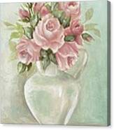 Shabby Chic Pink Roses Painting On Aqua Background Canvas Print