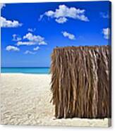 Shelter On A White Sandy Caribbean Beach With A Blue Sky And White Clouds Ii Canvas Print