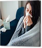 Sick woman blowing her nose, she covered with blanket Canvas Print