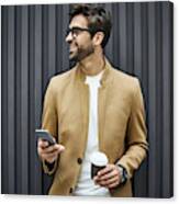 Smiling Businessman With Smart Phone And Cup Canvas Print