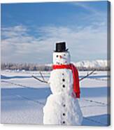 Snowman Wearing A Red Scarf And Black Canvas Print