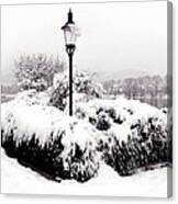 Snowy Lamp Post By The River Danube Canvas Print