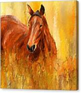 Stallion In Autumn - Bay Horse Paintings Canvas Print