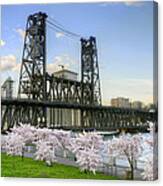 Steel Bridge And Cherry Blossom Trees In Portland Oregon Canvas Print