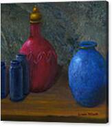 Still Life Art Blue And Red Jugs And Bottles Canvas Print