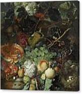 Still Life Of Fruit Birds Nest And Basket Of Flowers Canvas Print