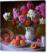 Still Life With Summer Bouquet And Peaches Canvas Print