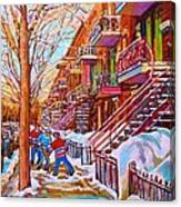 Street Hockey Game In Montreal Winter Scene With Winding Staircases Painting By Carole Spandau Canvas Print