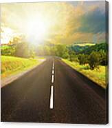 Sunset In Nature With Endless Road Canvas Print