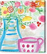 Tea And Fresh Flowers- Whimsical Floral Painting Canvas Print
