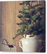 Toy Horse With Christmas Tree On Table Canvas Print