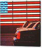 Traffic On Road With American Flag Canvas Print