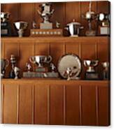 Trophies Lined Up On Display Shelf Canvas Print