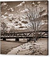 Twilight Bridge Over An Icy Pond - Bw Canvas Print