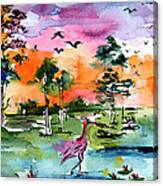 Watercolor Landscape Wetland Nature With Spoonbill Canvas Print