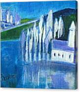 White Church And White Trees With Blue And Green Canvas Print
