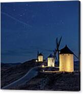Windmills At The Night In Consuegra Canvas Print