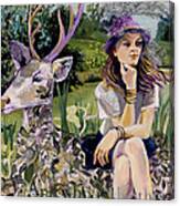 Woman In Hat Dreams With Stag Canvas Print