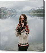 Woman In Knitted Sweater Laughing Near The  Fjord In Norway Canvas Print