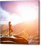 Woman Standing In Tree Yoga Position Meditating In Mountains At Sunset Canvas Print