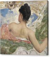 Woman Viewed From Behind Studying A Ceiling Figure In The Paris Opera Canvas Print
