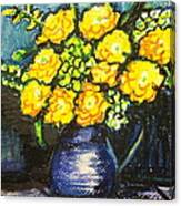 Yellow Roses In Blue Vase Canvas Print