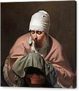 Young Woman Warming Her Hands Over A Brazier Canvas Print